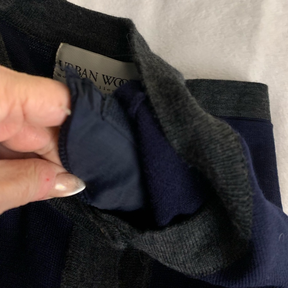 Urban Wool Vtg Navy Cardigan with Gray Trim and Gold Buttons 100% Merino Wool M - Picture 14 of 14
